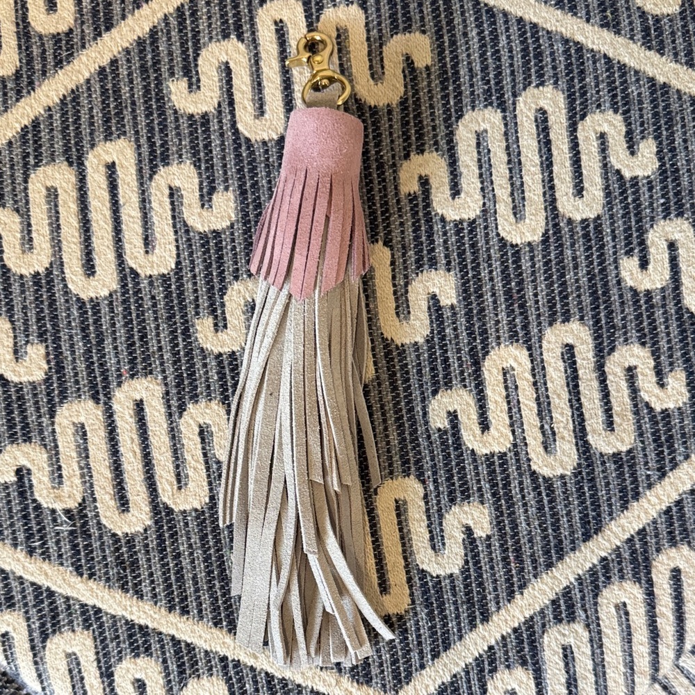 New Handmade Brass clip Pink and Gray Suede Tassel Keychain Purse fob